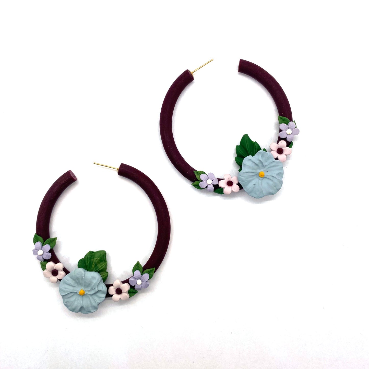 Burgundy Hoop Flower Half Wreath Earrings