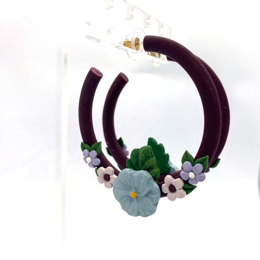 Burgundy Hoop Flower Half Wreath Earrings