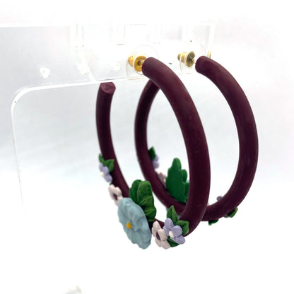 Burgundy Hoop Flower Half Wreath Earrings