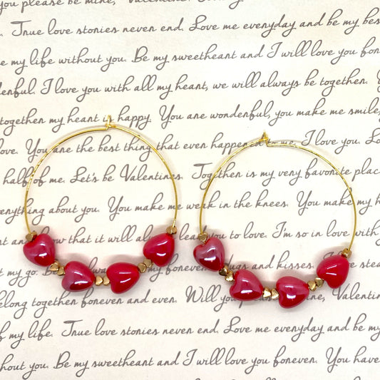 Red and Gold Hearts Hoops Earrings