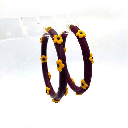 Burgundy Hoops, Mustard Flowers Earrings