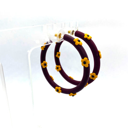 Burgundy Hoops, Mustard Flowers Earrings