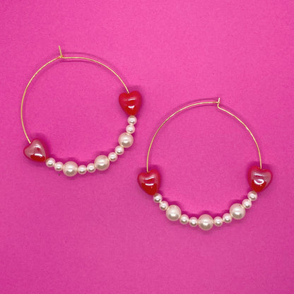 Pearls and Hearts gold hoops earrings