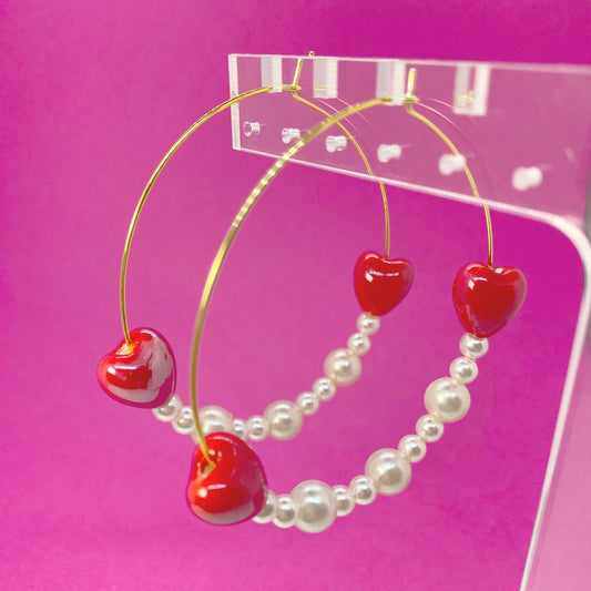 Pearls and Hearts gold hoops earrings