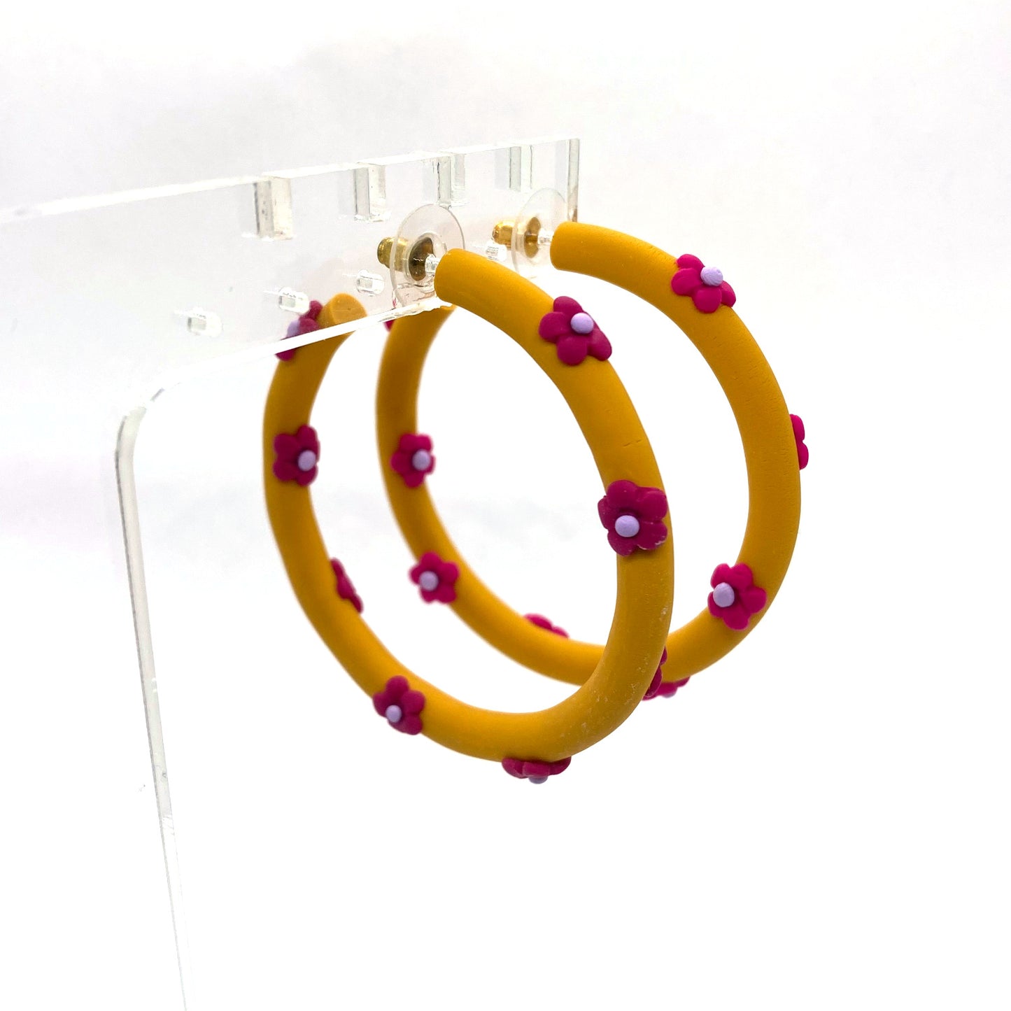 Mustard Hoops, Magenta Flowers Earrings