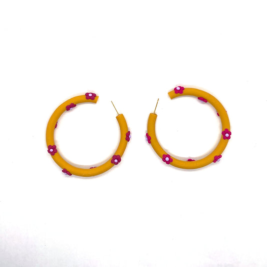 Mustard Hoops, Magenta Flowers Earrings